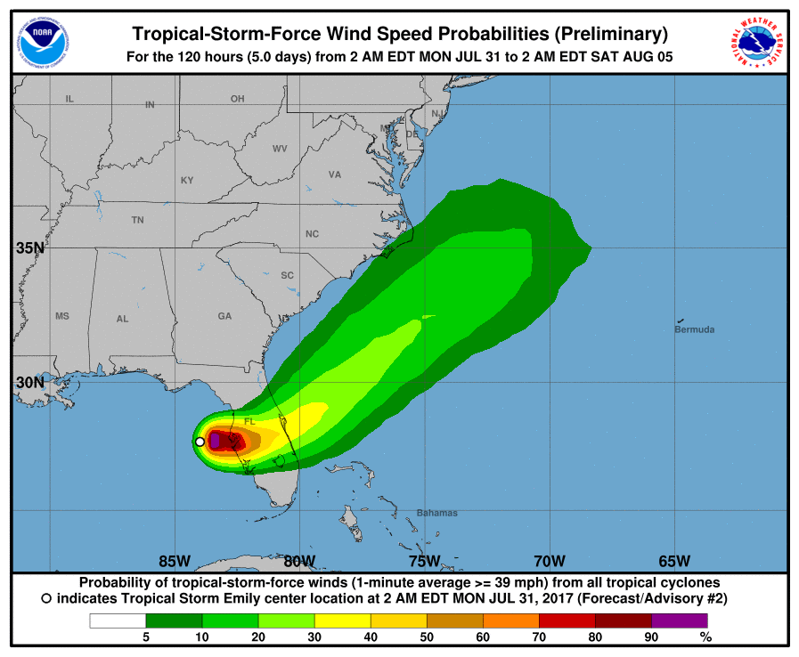 Tropical storm emily to cross over Florida
